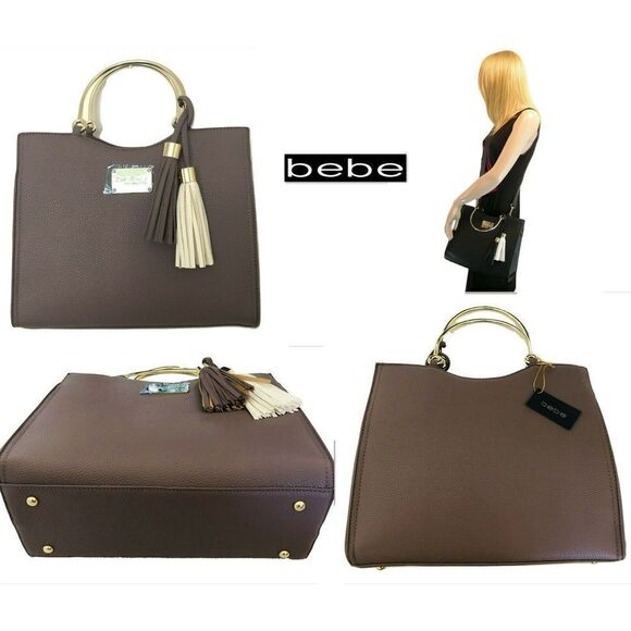 NEW $143 Bebe Crossbody Shoulder Tassel Brown Zsa Zsa Shopper Gold Rings Bag NWT - Picture 1 of 10